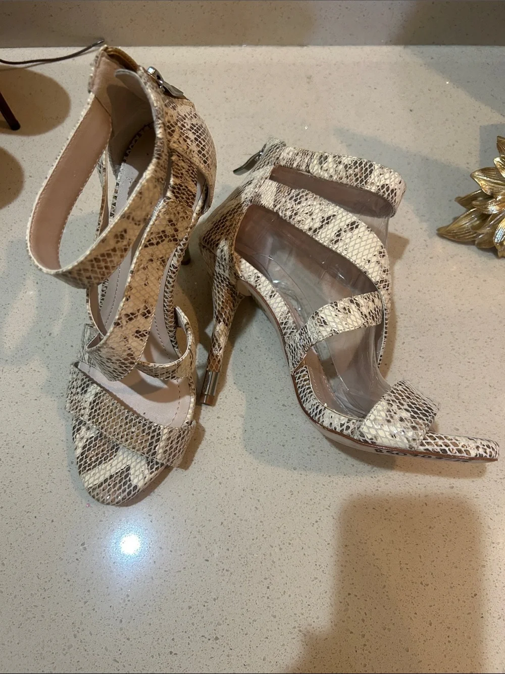 BCBGMaxAzria Snake-Print Strappy High Heels in Beige